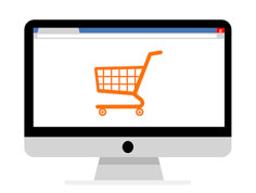 A imagem simboliza um monitor de computador com a imagem de um carrinho de compras, simbolizando o e-commerce ou negócios digitais